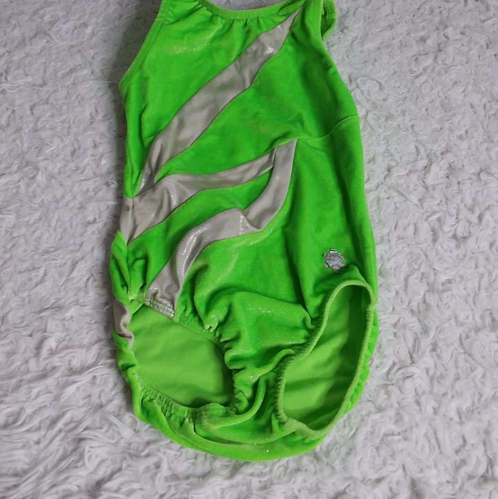 3/$30 Snowflake Designs lime green silver velvet glittery leotard size M